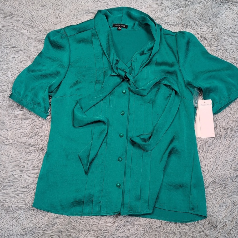 Notations Shirt Womens S Green Blouse Top Career Casual Preppy Button Up New